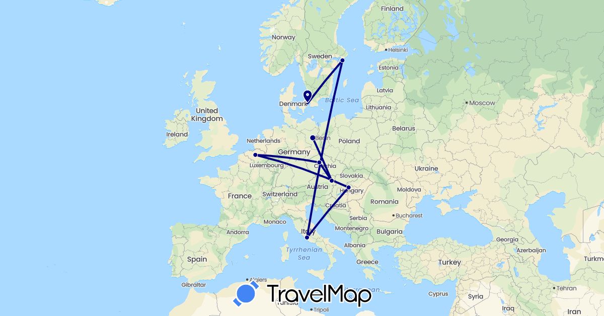 TravelMap itinerary: driving in Austria, Belgium, Czech Republic, Germany, Denmark, Hungary, Italy, Sweden (Europe)